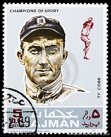 Postage stamp printed in Ajman (United Arab Emirates) shows Ty Cobb (1886-1961), American baseball outfielder, Athletes (V) - Editorial Stock Photo