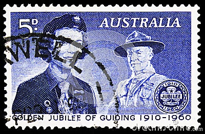 Postage stamp printed in Australia shows Girl Guide and Lord Baden-Powell, 5 d - Australian penny, Scouting in Australia serie, Editorial Stock Photo