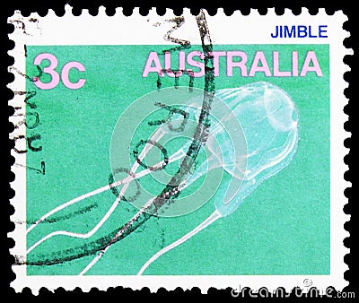 Postage stamp printed in Australia shows Jimble Jellyfish (Carybdea rastoni), Sea Life serie, circa 1986 Editorial Stock Photo