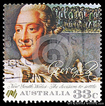 Postage stamp printed in Australia shows King George III, Bicentenary of Australian Settlement - Settlement 5 serie, circa 1986 Editorial Stock Photo