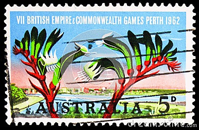 Postage stamp printed in Australia shows View of Perth, kangaroo paw - Anigozanthos manglesii, 5 d - Australian penny, Editorial Stock Photo