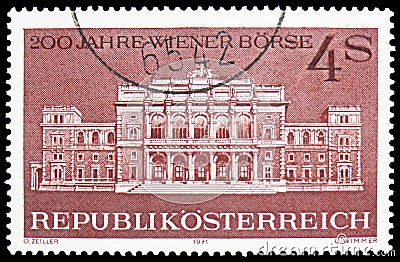 Postage stamp printed in Austria devoted to 200th anniversary of Vienna Stock Exchange, circa 1971 Editorial Stock Photo