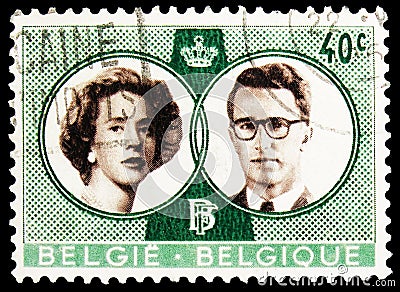 Postage stamp printed in Belgium shows Wedding Boudewijn and Fabiola, 40 c - Belgian centime, serie, circa 1960 Editorial Stock Photo