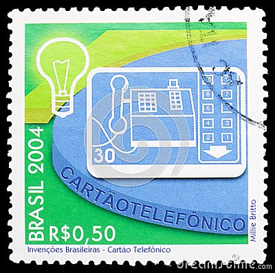 Postage stamp printed in Brazil shows Phonecard, Brazilian Inventions serie, circa 2004 Editorial Stock Photo