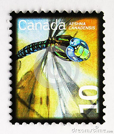 Postage stamp printed in Canada shows Canada Darner (Aeshna canadiensis), Beneficial Insect Definitives 2007-2014 serie, circa Editorial Stock Photo