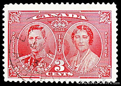 Postage stamp printed in Canada shows King George VI and Queen Elizabeth, Coronation of King George VI and Queen Elizabeth serie, Editorial Stock Photo