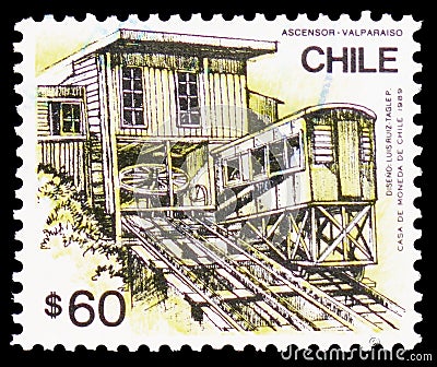 Postage stamp printed in Chile shows Incline railroad - Valparaiso, Transport definitive serie, circa 1989 Editorial Stock Photo