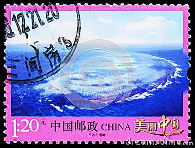 Postage stamp printed in China shows San Sha Seven Islands, Beautiful China serie, circa 2013 Editorial Stock Photo