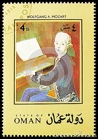 Postage stamp printed in Cinderellas Oman shows Mozart, Oman State of serie, 4 - Omani baisa, circa 1972 Editorial Stock Photo