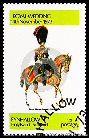 Postage stamp printed in Cinderellas shows Royal Horse Guards Officer 1864, Eynhallow serie, circa 1973 Editorial Stock Photo