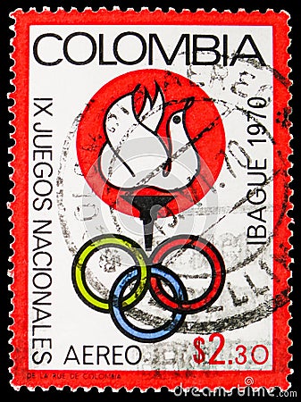 Postage stamp printed in Colombia shows Games Emblem, National games, Ibague, 9th Ed. serie, circa 1970 Editorial Stock Photo