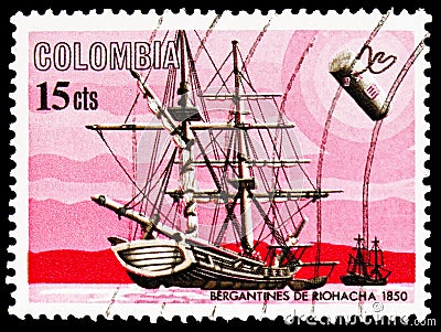 Postage stamp printed in Colombia shows Riohacha brigantine 1850, History of Maritime Mail serie, circa 1966 Editorial Stock Photo