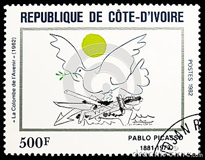Postage stamp printed in Cote d`Ivoire shows The Dove of the future, 1962, Picasso Paintings serie, circa 1982 Editorial Stock Photo