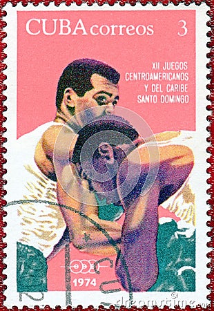 Postage stamp printed in Cuba with a picture of a boxers, with the inscription `12th Central American and Caribbean games Editorial Stock Photo