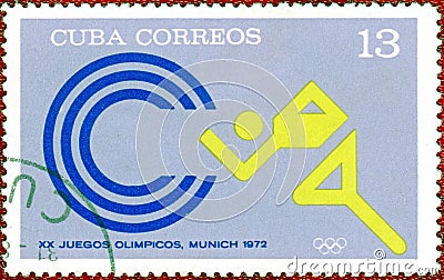 Postage stamp printed in Cuba with a picture of a light athletics, with the inscription `XX Summer Olympic Games, Munich, 1972` Editorial Stock Photo