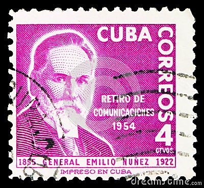 Postage stamp printed in Cuba shows General Emilio Nunez (1855-1922), Retirement Fund for Postal Employees serie, circa 1955 Editorial Stock Photo