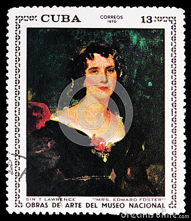 Postage stamp printed in Cuba shows Mrs. Edward Foster, by Thomas Lawrence, Paintings from the National Museum (1970) serie, circa Editorial Stock Photo