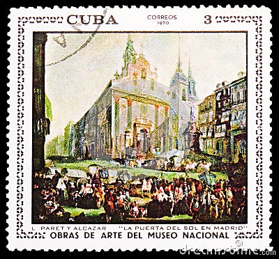 Postage stamp printed in Cuba shows Puerta del Sol, Madrid by Luis Paret y Alcazar, Paintings from the National Museum (1970) Editorial Stock Photo