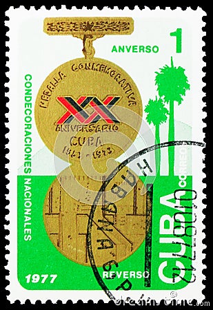 Postage stamp printed in Cuba shows 20th Anniversary Medal, National Decorations serie, circa 1977 Editorial Stock Photo