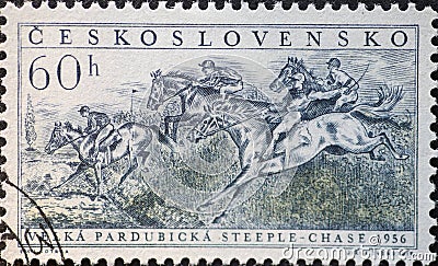 A postage stamp printed in Czechoslovakia showing horse and rider at VelkÃ¡ pardubickÃ¡ steeple-chase 195 Editorial Stock Photo