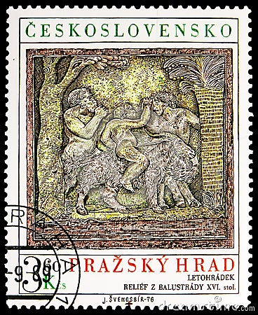 Postage stamp printed in Czechoslovakia shows Faun and Satyr, sculptured panel, 16th century, Prague Castle serie, circa 1976 Editorial Stock Photo