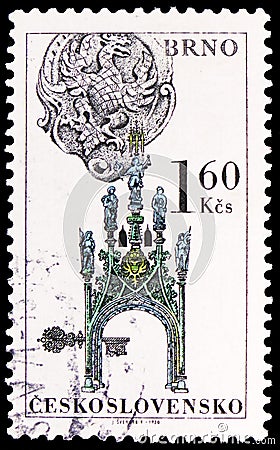 Postage stamp printed in Czechoslovakia shows Gothic Town Hall Tower, Brno, House signs and portals serie, circa 1970 Editorial Stock Photo