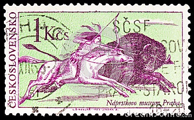 Postage stamp printed in Czechoslovakia shows Indian on horseback hunting buffalo, Indians of North America serie, circa 1966 Editorial Stock Photo