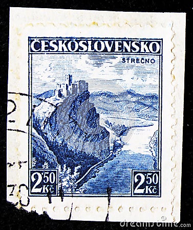 Postage stamp printed in Czechoslovakia shows Strecno, Castles, landscapes and cities serie, circa 1936 Editorial Stock Photo