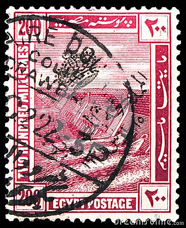 Postage stamp printed in Egypt shows Aswan Dam, Egyptian History serie, 200 Egyptian millieme, circa 1922 Editorial Stock Photo