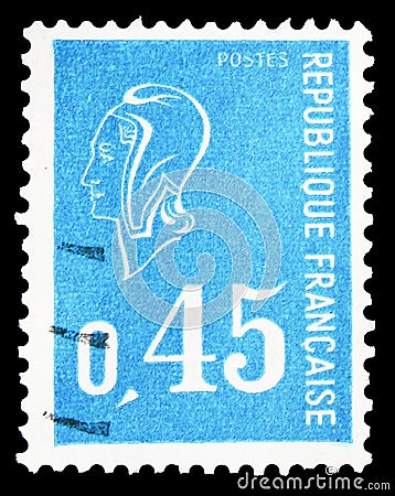 Postage stamp printed in France shows Marianne type BÃ©quet, serie, circa 1971 Editorial Stock Photo