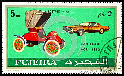 Postage stamp printed in Fujairah shows Cadillac, Cars serie, circa 1971 Editorial Stock Photo