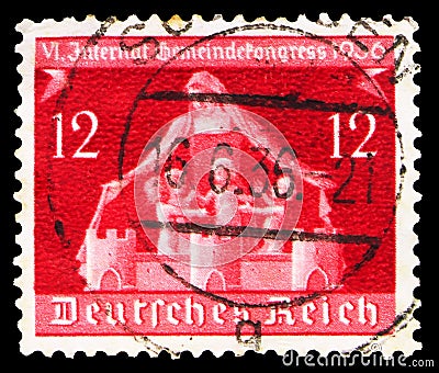 Postage stamp printed in German Realm shows 6th International Local Government Congress, serie, 12 German reichspfennig, circa Editorial Stock Photo