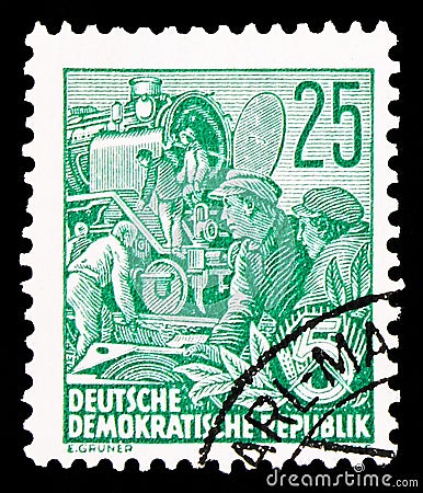 Postage stamp printed in Germany, Democratic Republic, shows Locomotive Brigade, Five-year plan serie, circa 1953 Editorial Stock Photo
