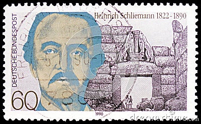 Postage stamp printed in Germany shows Heinrich Schliemann archaeologist and Lion Gate, Mycenae, serie, circa 1990 Editorial Stock Photo