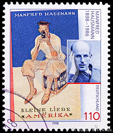 Postage stamp printed in Germany shows Manfred Hausmann and book cover, circa 1998 Editorial Stock Photo