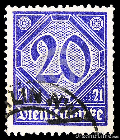 Postage stamp printed in Germany shows Official Stamp - with figures '21', serie, 20 German reichspfennig, circa 1920 Editorial Stock Photo