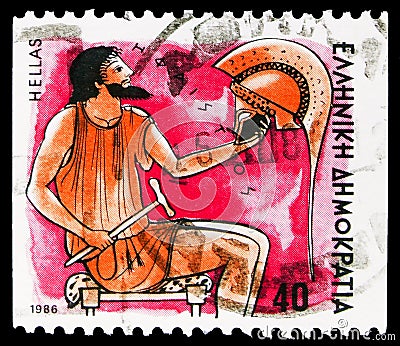 Postage stamp printed in Greece shows Gods of Olympus - Hephaestus, Greek Mythology serie, circa 1986 Editorial Stock Photo