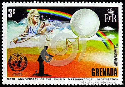 Postage stamp printed in Grenada shows Iris (Greek goddess) and weather balloon Editorial Stock Photo