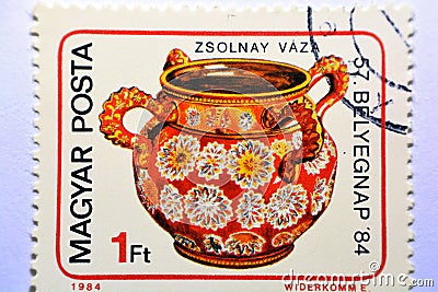 A postage stamp printed in the Hungary shows Four-handled vase, Zsolnay, circa 1984 Editorial Stock Photo