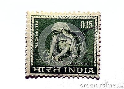 A postage stamp printed in India shows a woman plucking and picking tea circa 1965 Editorial Stock Photo