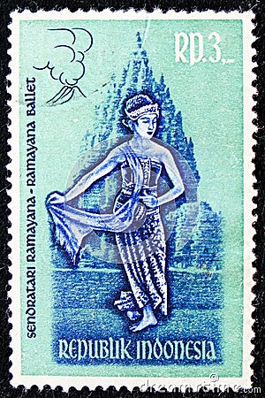 Postage stamp printed in Indonesia shows Ramayana Dancers, serie, circa 1962 Editorial Stock Photo