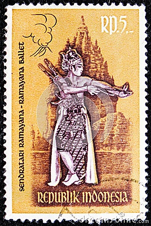 Postage stamp printed in Indonesia shows Ramayana Dancers, serie, 5 Rp - Indonesian rupiah, circa 1962 Editorial Stock Photo