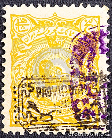 IRAN- circa 1902. Postage stamp printed in Iran shows Lion, Coat of arms lion, Muzaffar ad-Din Shah serie, circa 1902. Editorial Stock Photo