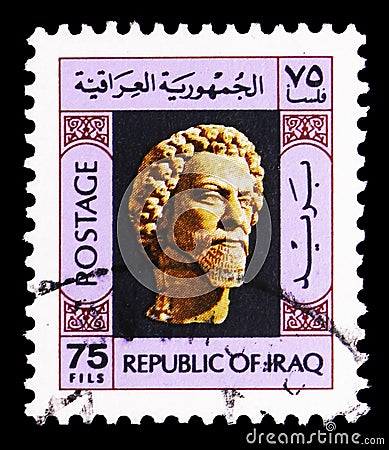 Postage stamp printed in Iraq shows Man`s head, Archaeological Finds serie, circa 1976 Editorial Stock Photo