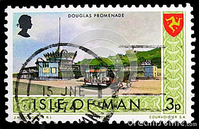 Postage stamp printed on Isle of Man shows Douglas Promenade, Views serie, circa 1973 Editorial Stock Photo