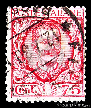 Postage stamp printed in Italy shows Effigy of King Vittorio Emanuele III and floral ornaments, Floreal serie, 75 Italian Editorial Stock Photo