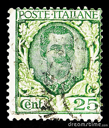 Postage stamp printed in Italy shows Effigy of King Vittorio Emanuele III and floral ornaments, Floreal serie, 25 Italian Editorial Stock Photo