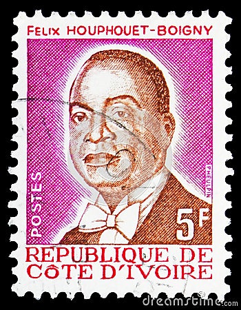 Postage stamp printed in Ivory Coast shows President Houphouet-Boigny, Type of 1974-86 serie, circa 1986 Editorial Stock Photo
