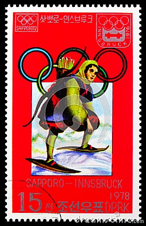 Postage stamp printed in Korea shows Hunter on skis, Winter Olympic Games, Sapporo (1972) and Innsbruck (1976) serie, circa 1978 Editorial Stock Photo