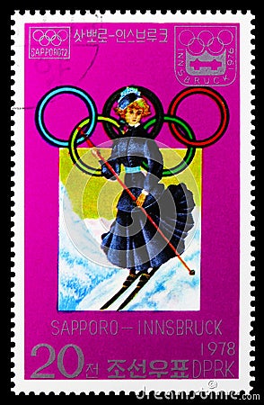 Postage stamp printed in Korea shows Woman in 19th century costume on skis, Winter Olympic Games, Sapporo (1972) and Innsbruck ( Editorial Stock Photo